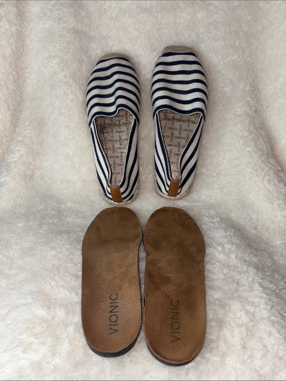 Vionic Valeri Striped Canvas Espadrille Flats Navy Blue White Orthotic Support
